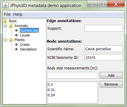 Screenshot of a JPhyloIO demo application